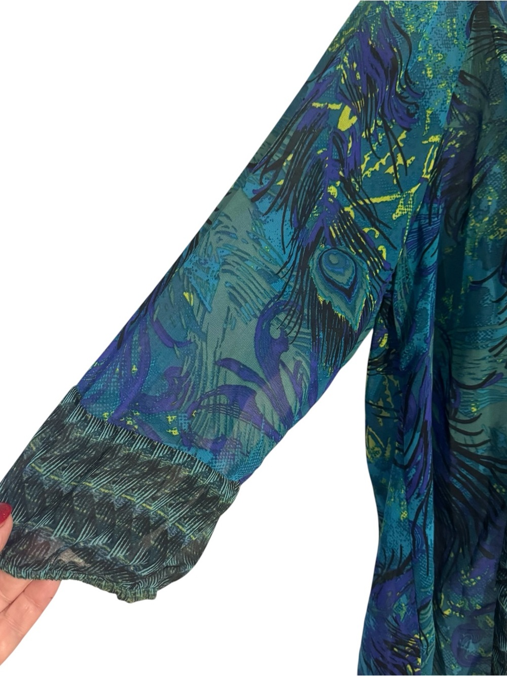 Peacock Print Teal and Blue Peasant Blouse XLARGE   #K - Picture 3 of 9